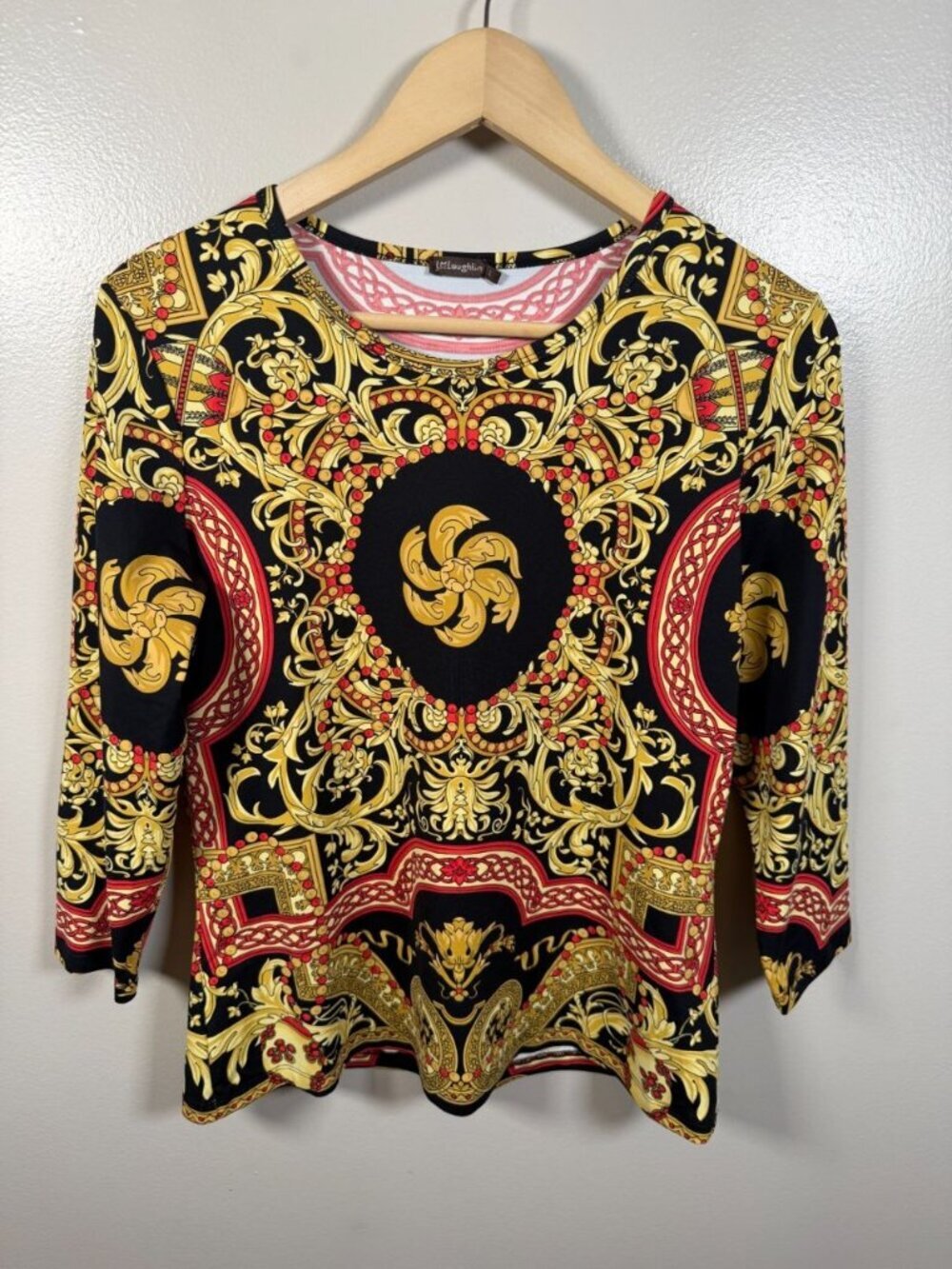J. Mclaughlin Catalina Cloth Top Size Large Black Gold Classic Stretch Travel